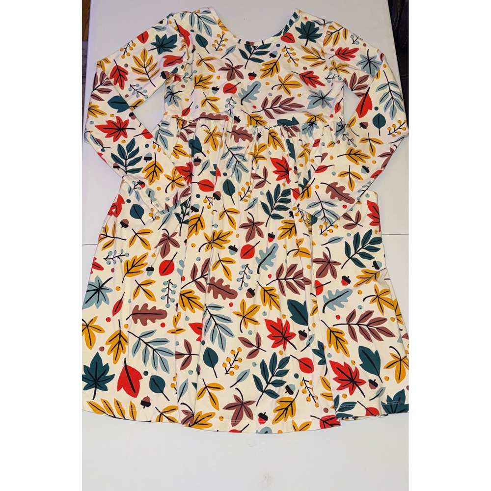 Hanna Andersson Dress Girls 12 Cream Fall Leaves Acorn Long Sleeve OEKO-TEX